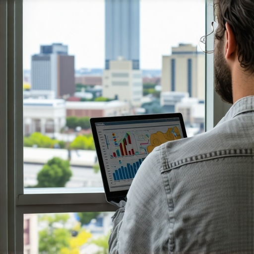 Person analyzing local SEO metrics on a computer with Arlington cityscape