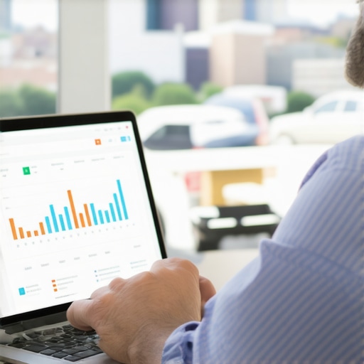 Analyzing Local SEO Results in Arlington Business owner reviewing SEO analytics with Arlington cityscape in background.