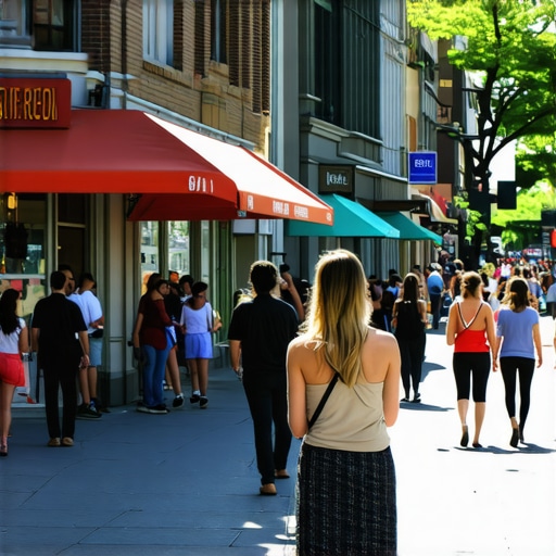 Busy Arlington street full of local shops and pedestrians on a sunny day