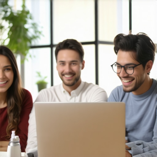 Team of digital marketers working on local SEO strategies with laptops and analytics dashboards