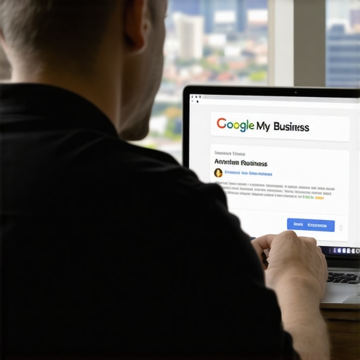 Business owner updating Google My Business profile on a laptop with Arlington cityscape