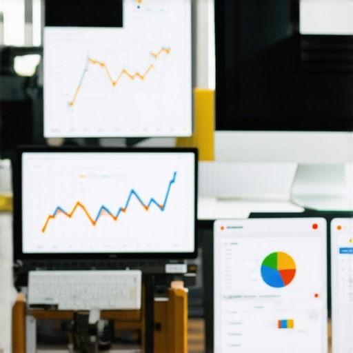 SEO Tools Workspace A workspace setup with computers displaying SEO dashboards and citation management tools.