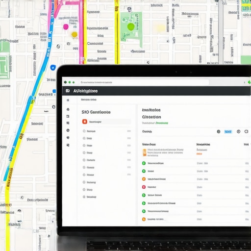 Laptop screen showing local SEO analytics with Arlington map on background.