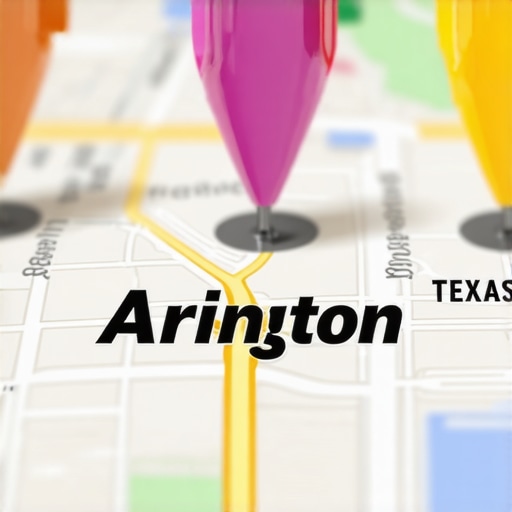 Digital map highlighting Arlington, Texas with business pins and SEO signals