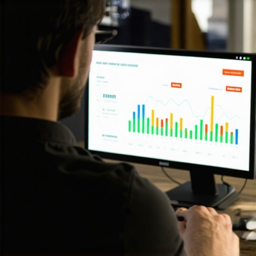 Business owner reviewing local SEO performance on a laptop with Arlington landmarks visible.