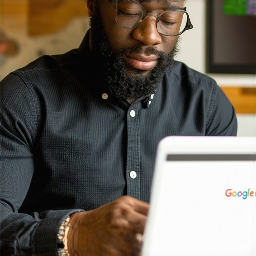 Business owner updating GMB profile on laptop in Arlington