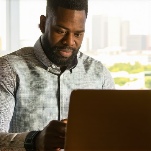 Business owner working on Google My Business profile with Arlington cityscape