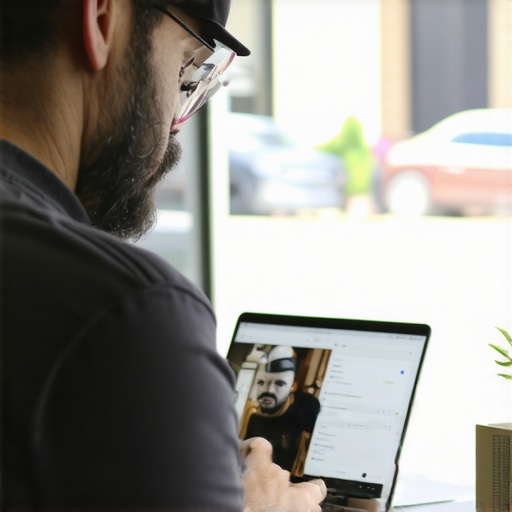 Business owner updating Google My Business profile on laptop inside Arlington shop.