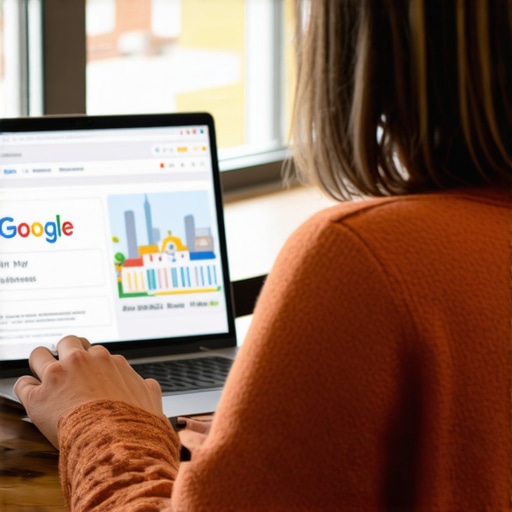 Business owner updating Google My Business profile with Arlington landmarks in background.